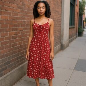 Red Floral Spaghetti Strap Dress with a split